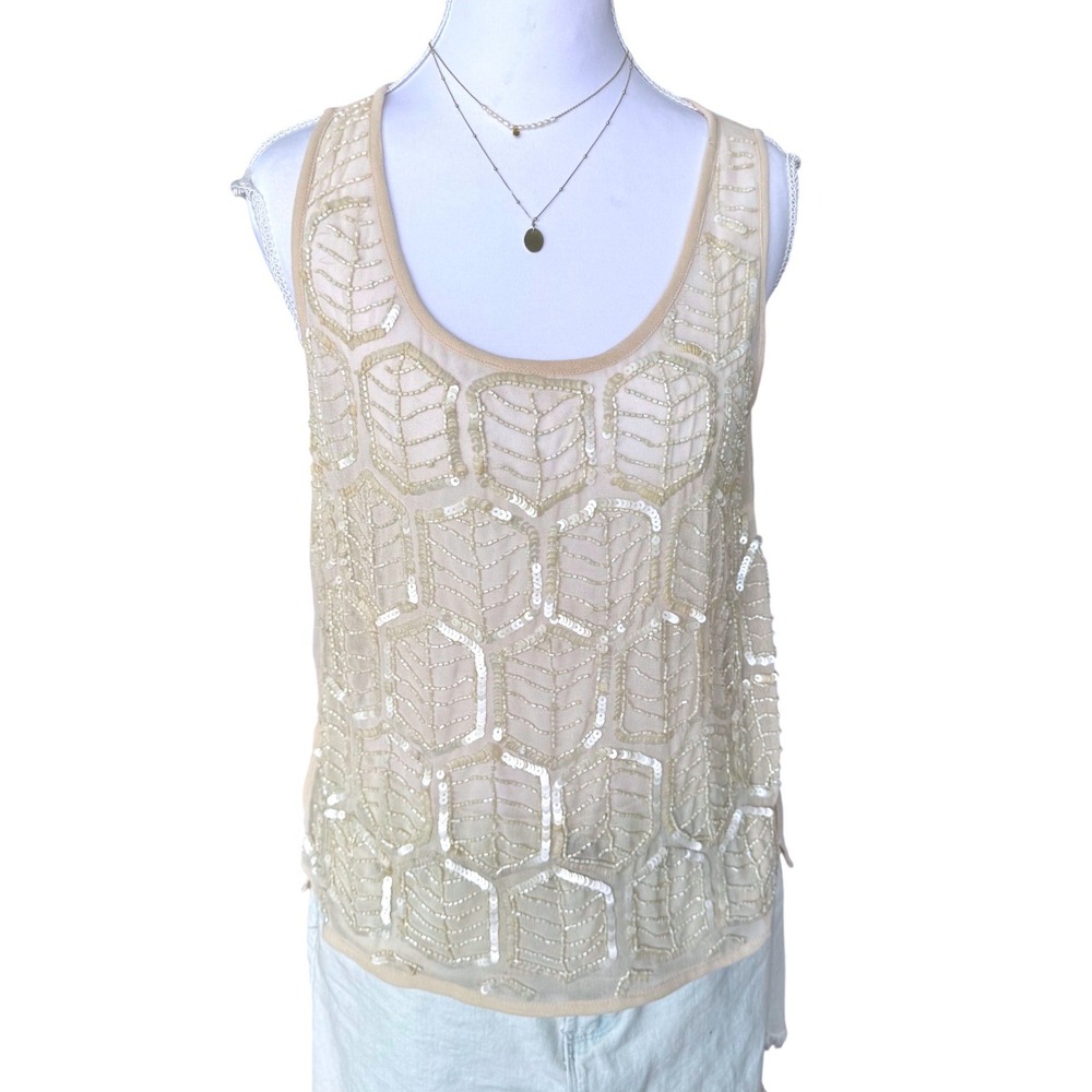 Y2K Forever 21 Sequin Beaded Tank Top Cream Mesh Embellished Contemporary Large